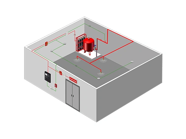 Dry powder fire suppression system applications diagram on white background