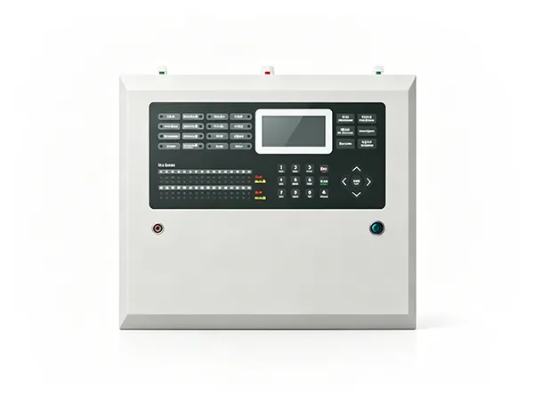 Fire alarm control panel on a white background